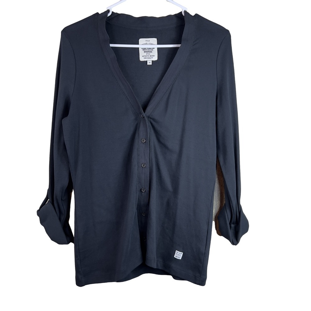 Tom Tailor Medium Black V-Neck Button Front Tabbed Long Sleeves Knit Top